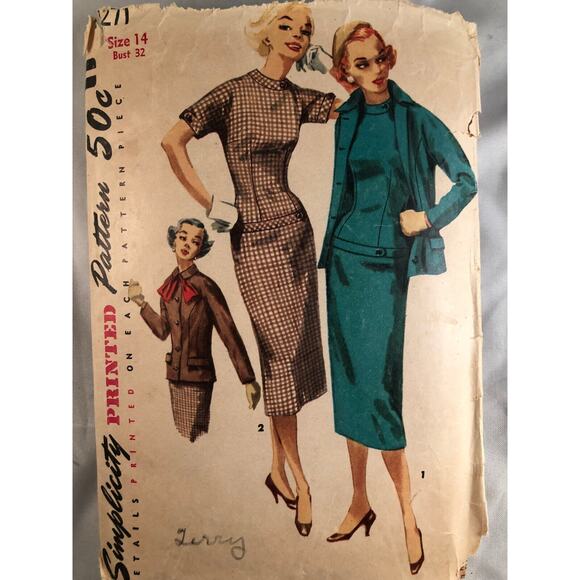 VINTAGE,SIMPLICITY,1955, DRESS & JACKET,#1271,SIZE 14, BUST 32 - Picture 1 of 2